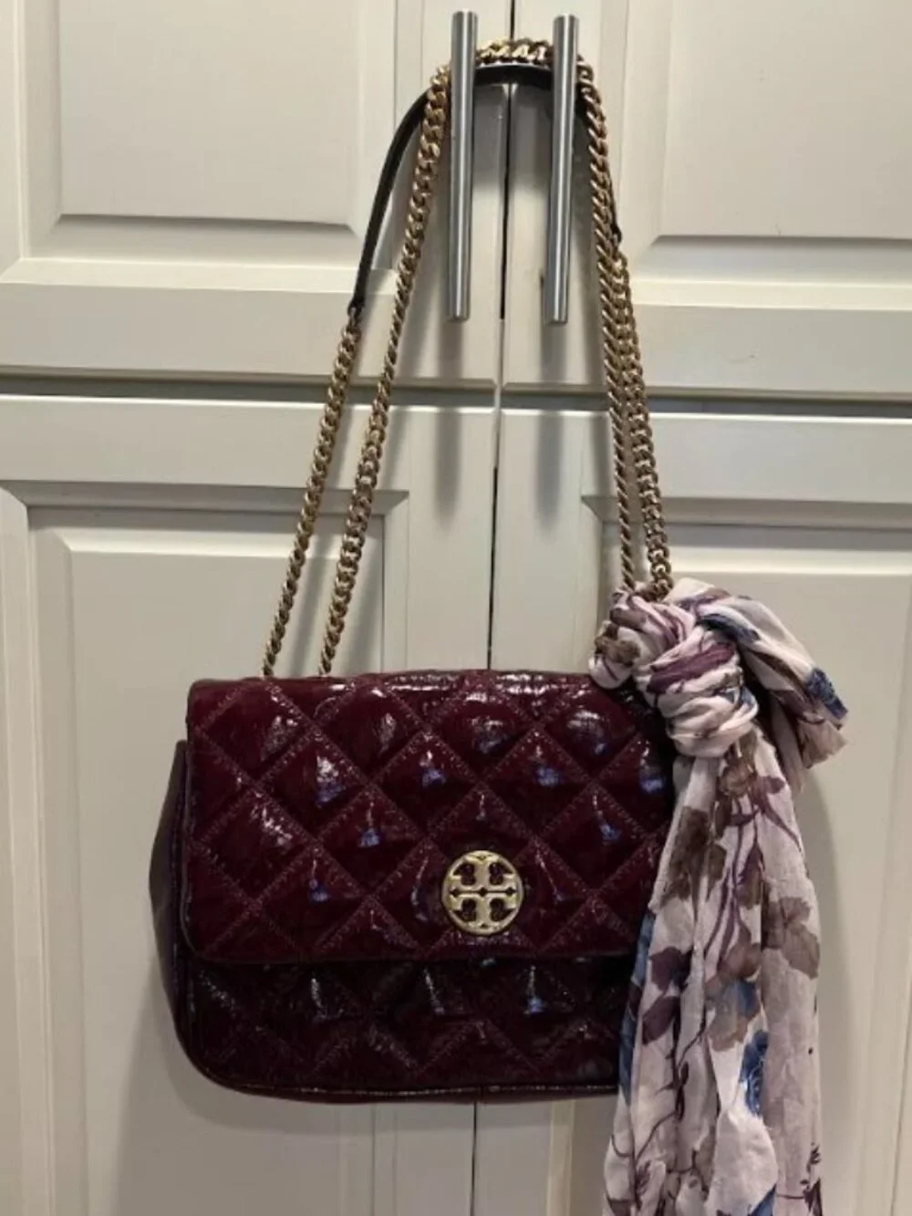 Tory Burch Burgundy Leather Quilted Chain Shoulder Bag